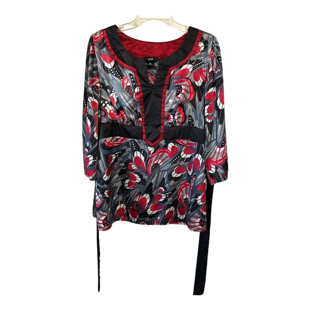 AGB Women’s XL Tunic Blouse | Red Black Gray Abstract Floral Print | Side Zip |